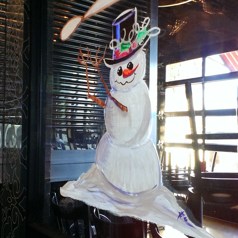 Dough tossing snowman - window painting art and image: M Burgess
