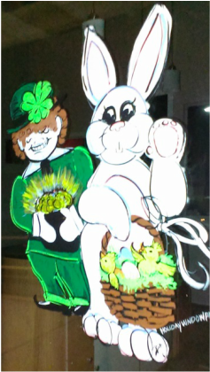 Easter Bunny and Leprechaun window painting - Image: M Burgess